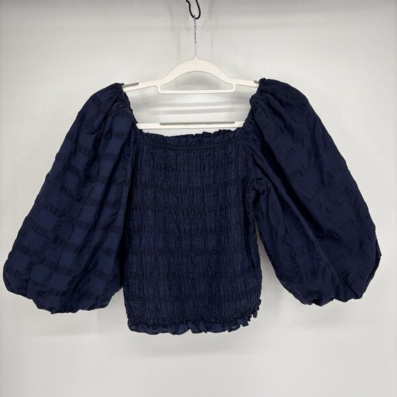 Anthropologie Maeve Smocked Top Large Navy Searsucker Windowpane Balloon Sleeve - Picture 2 of 11